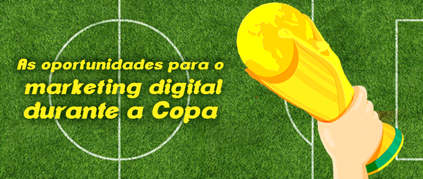 Desenho de gramado e de mão segurando troféu ao lado do título do texto | As oportunidades para o marketing digital durante a Copa