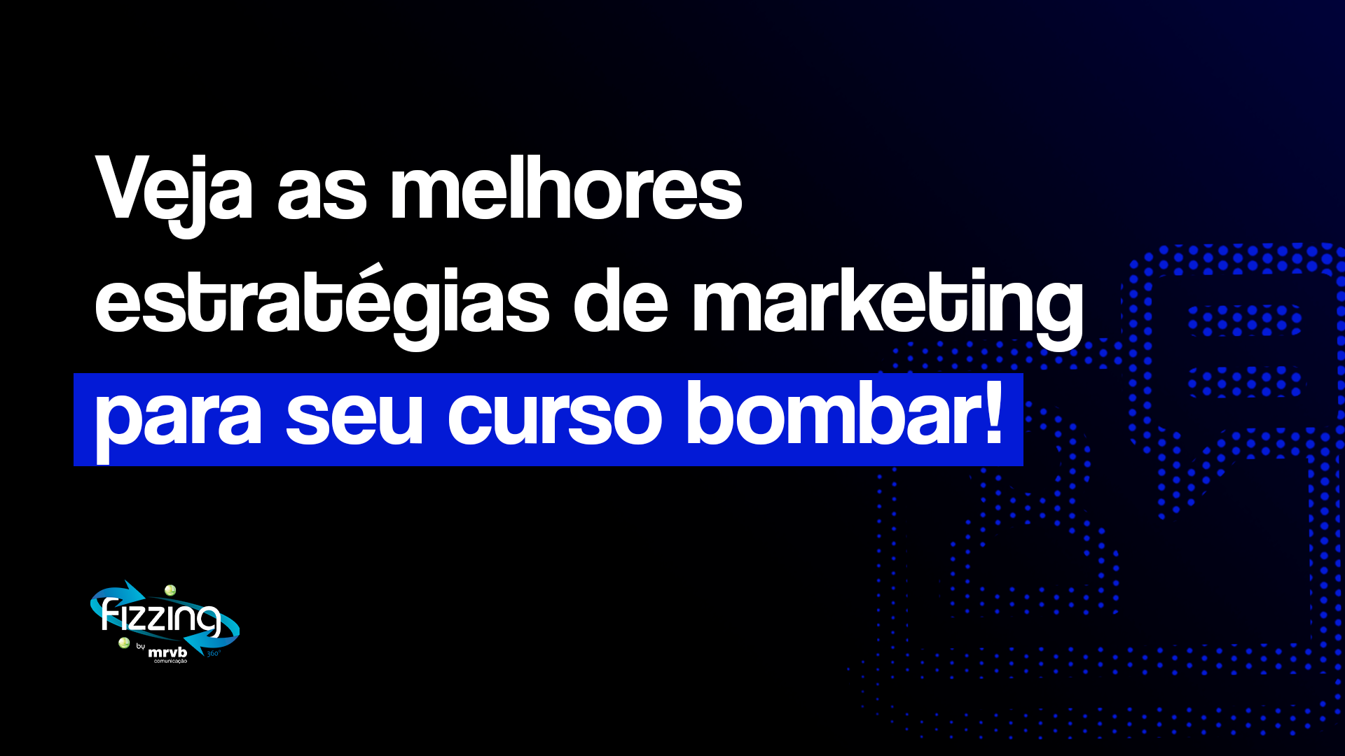 Ilustração azul em um fundo preto representando um webinar, com o seguinte texto: Veja as melhores estratégias de marketing para seu curso bombar!