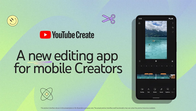 Um celular à direita e ao lado um texto: Novo app de edição para criadores do Youtube.