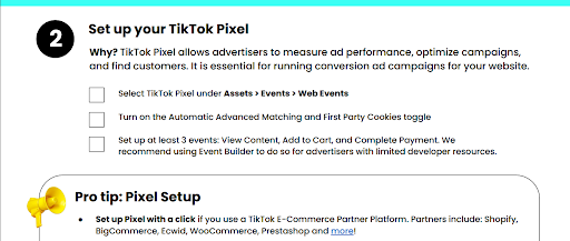 Print mostrando a segunda parte do novo guia que ensina a anunciar no TikTok, indicando o passo a passo para configurar o pixel da plataforma 
