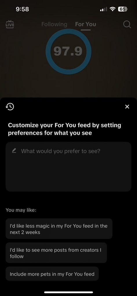 Print do TikTok com o chat de IA aberto perguntando sobre as preferências do usuário para personalizar o feed.