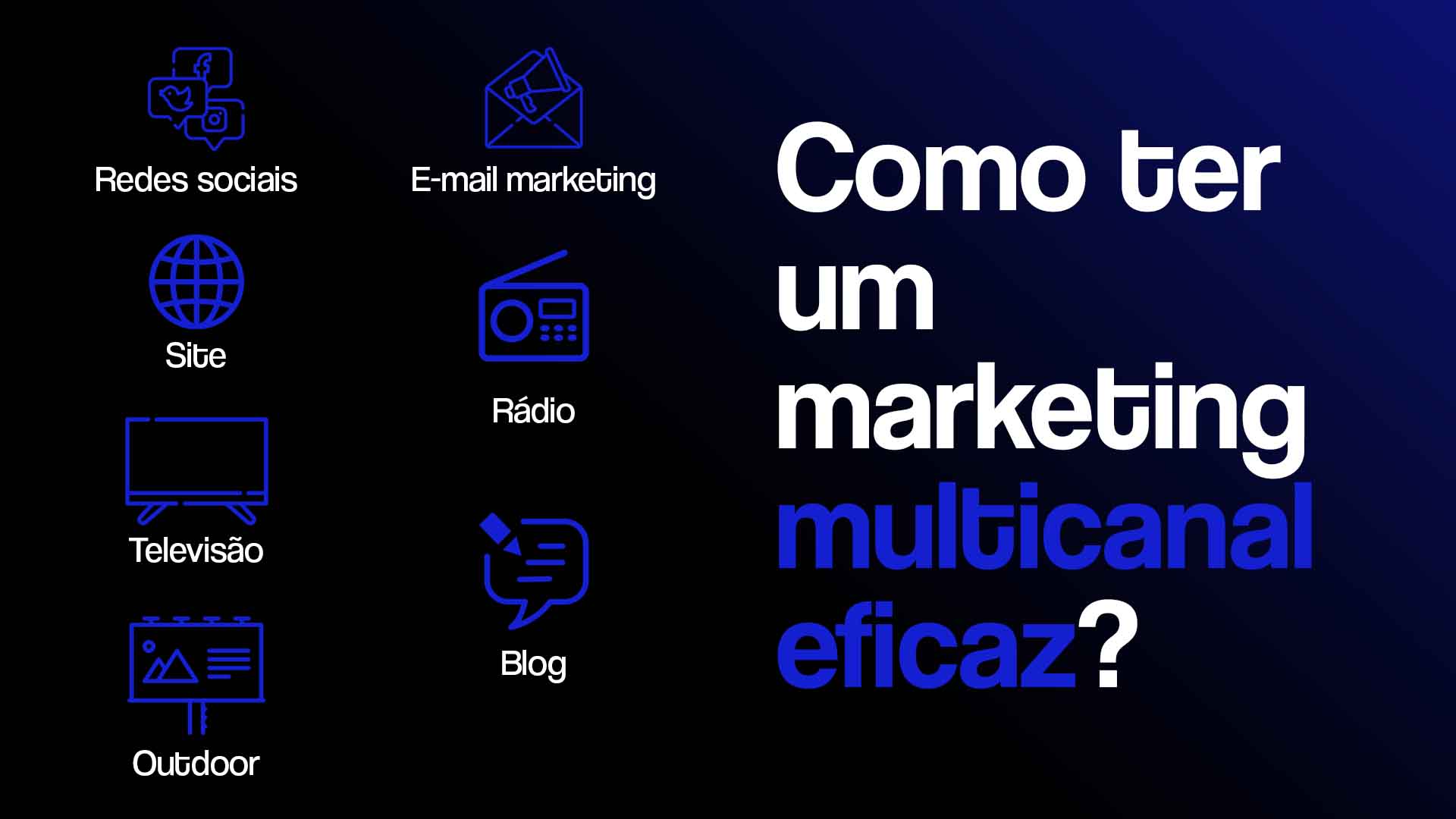 Vários ícones azuis representando diferentes canais de marketing on e off-line, com o seguinte texto ao lado: Como ter um marketing multicanal eficaz?
